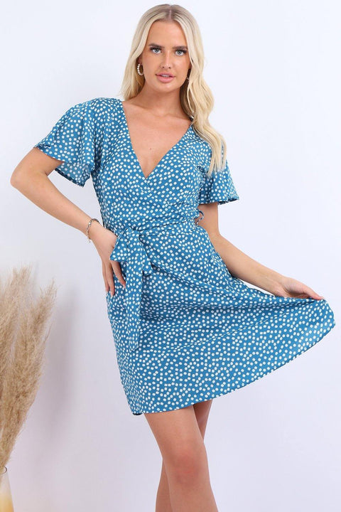 Summer Blue Daisy Dot Wrap Front Mini Dress - Lilura London