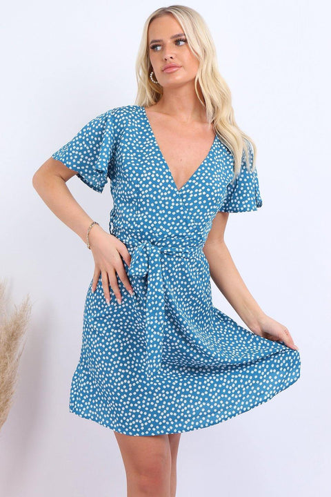 Summer Blue Daisy Dot Wrap Front Mini Dress - Lilura London