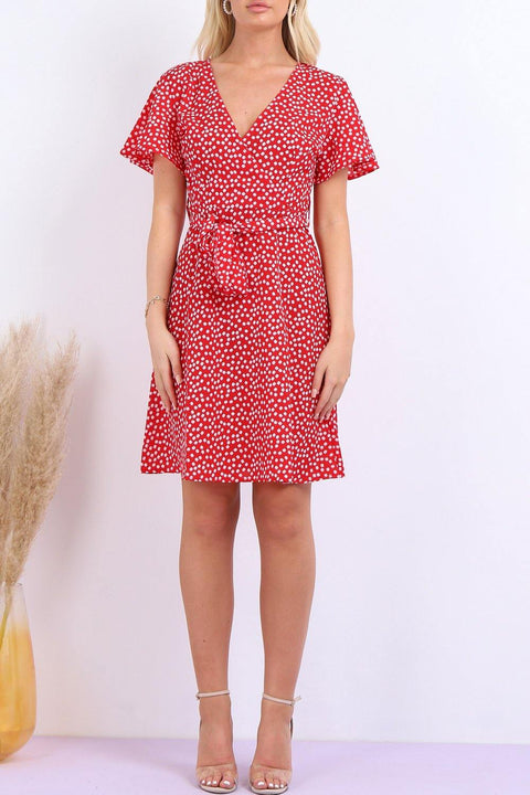 Summer Red Daisy Dot Wrap Front Mini Dress - Lilura London