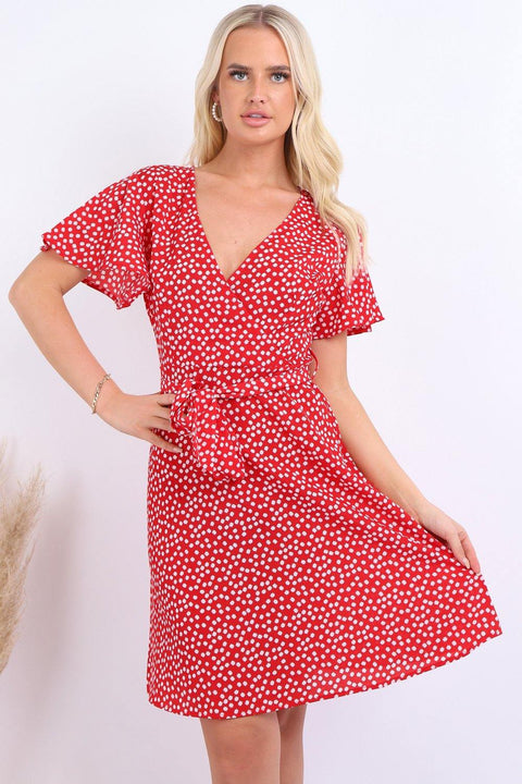 Summer Red Daisy Dot Wrap Front Mini Dress - Lilura London