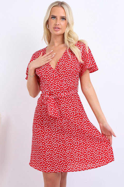 Summer Red Daisy Dot Wrap Front Mini Dress - Lilura London
