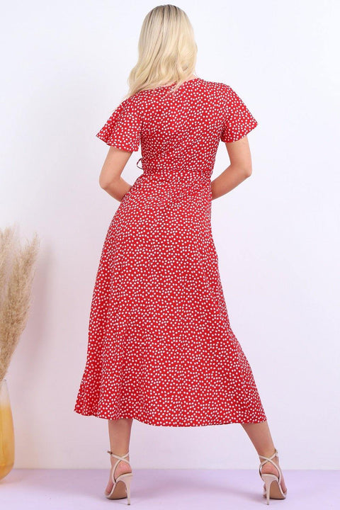 Wrap Front Split Leg Maxi Dress In Red Daisy Dot Print - Lilura London