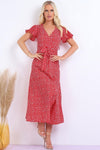 Wrap Front Split Leg Maxi Dress In Red Daisy Dot Print - Lilura London