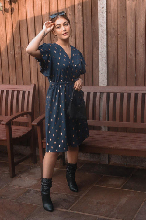Wrap Dress In Navy With Metallic Gold Spot - Lilura London